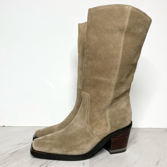 Vince Camuto Babellie Tan Gray Suede Square Toe Western Boots 8M - Picture 1 of 14